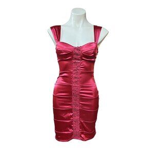 Y2K Rampage Hot Pink Satin Bodycon Dress w Sequins & Ruched Sides Size 3 XS